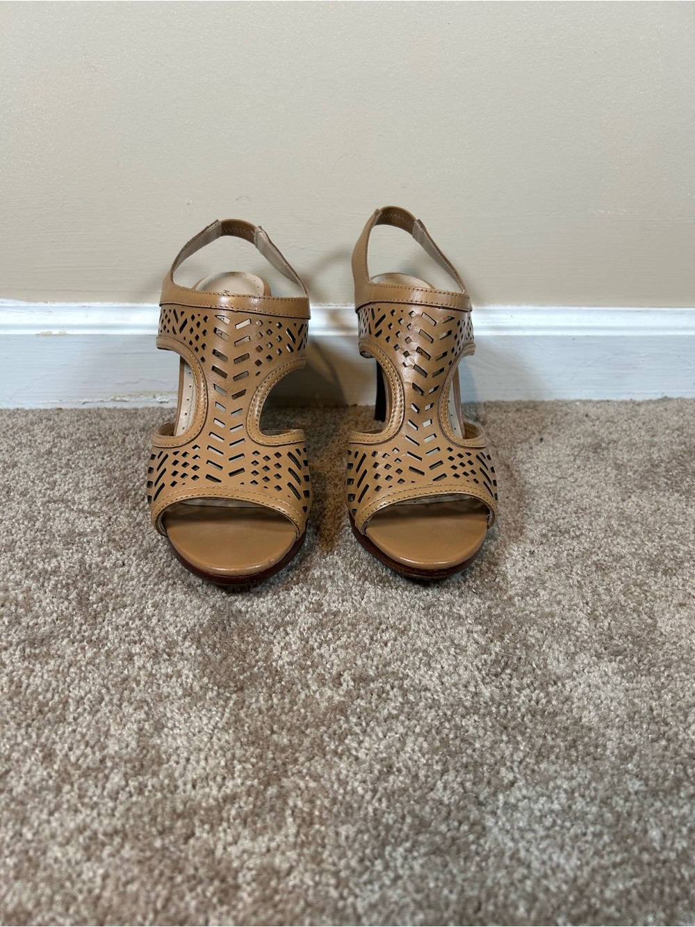 Adrienne Vittadini Tan Laser-Cut Slingback Heels